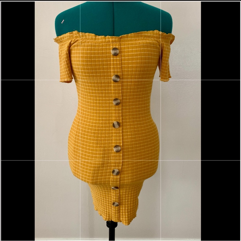 off the shoulder, yellow, form fitting dress